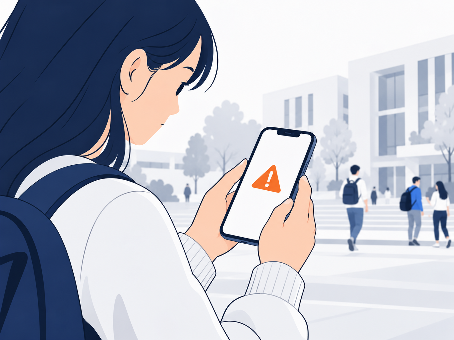 大学サイトを見るスマートフォンに警告が表示されているイラスト